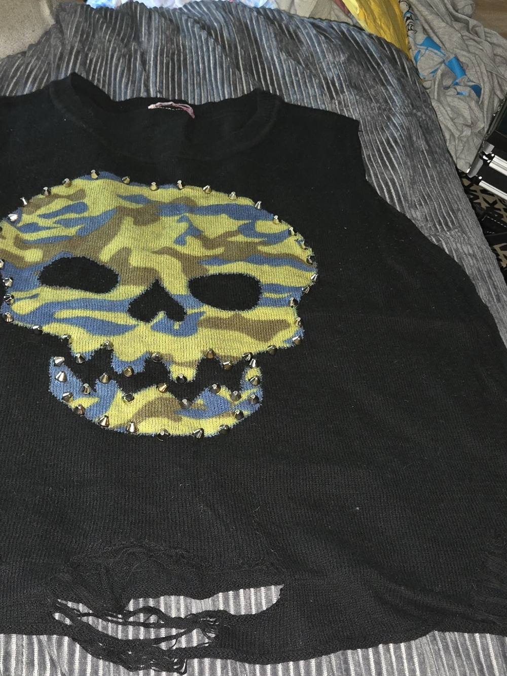 Romeo & Juliet Couture Black Tank with Yellow & Blue Camouflage Skull